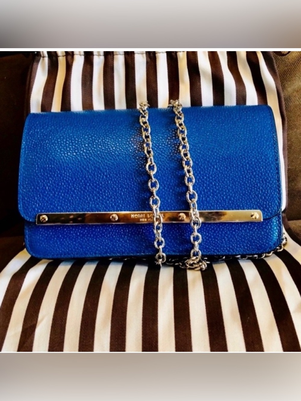 henri bendel Royal Blue Pebbled Leather Chain Clutch